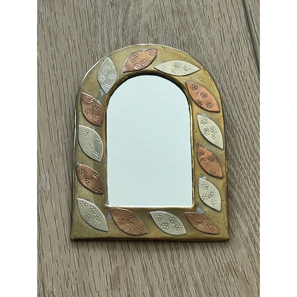 Vtg Moroccan Mini Mirror Handmade Brass Wall Hang Copper Silver Brass Arch 4.5